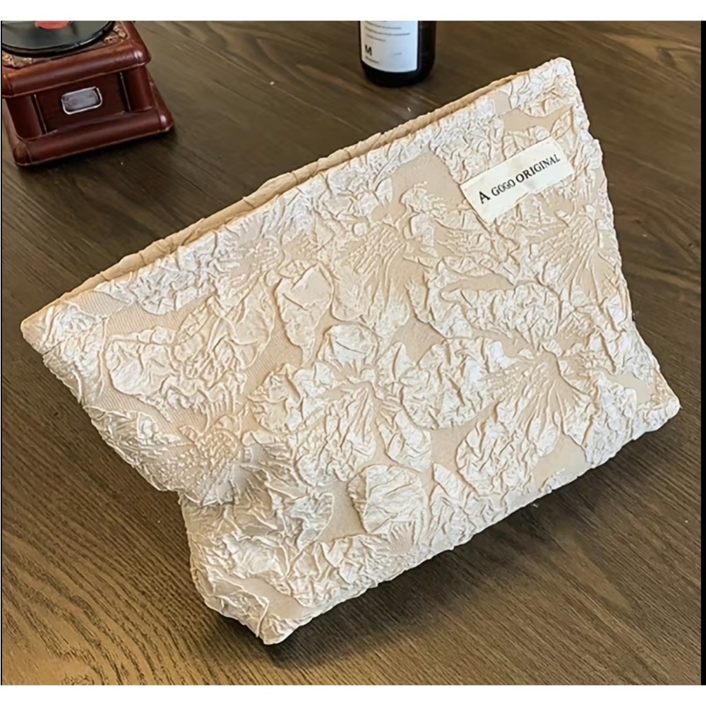 Textured Floral Print Makeup Bag Embossed, Jacquard-Style Floral Pattern Taupe - Picture 3 of 8